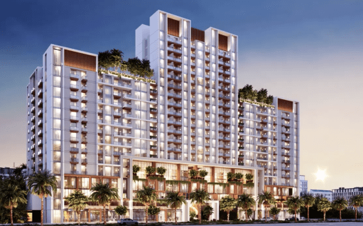 Representación artística de un moderno rascacielos residencial en Dubai al atardecer, con numerosos balcones con plantas verdes y un exterior cálidamente iluminado.