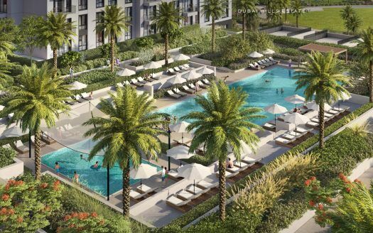 Vista aérea de una lujosa zona de piscina con tumbonas y sombrillas, rodeada de palmeras y una moderna villa de Dubai, en un entorno luminoso y soleado.