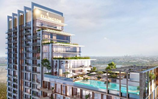 Imagen de un moderno rascacielos con balcones y azoteas ajardinadas en Dubai. Tiene una gran piscina y terrazas ajardinadas, con vistas al perfil de la ciudad en un día despejado. El edificio es