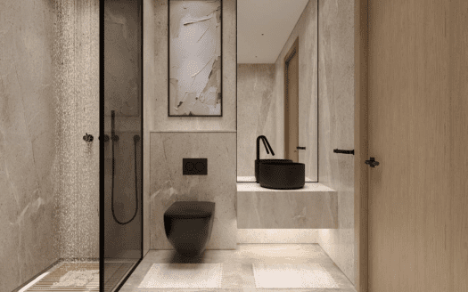 Un baño moderno con una elegante ducha negra, inodoro suspendido y lavabo de mármol. Hay paredes de color beige, una puerta de cristal y obras de arte abstractas en la pared de una empresa agrícola.