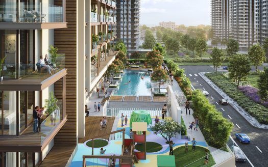 Una vibrante escena comunitaria en Dubai con piscina al aire libre, parque infantil y exuberantes jardines rodeados de rascacielos. La gente disfruta de una gran variedad de actividades en un entorno urbano soleado.