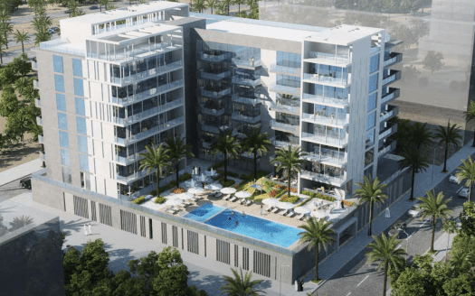 Un moderno rascacielos residencial en Dubai con una gran piscina exterior rodeada de palmeras y tumbonas, símbolo de la vida de lujo.