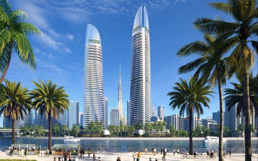 Un animado paisaje urbano con dos altos rascacielos de cristal en un día soleado, con palmeras en primer plano y gente disfrutando de actividades a lo largo de un paseo marítimo en Dubai.