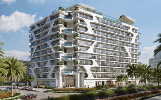 Representación arquitectónica de un moderno edificio de varias plantas con fachada blanca, balcones ondulados y exuberante vegetación, diseñado como inversión en Dubai. Las palmeras bordean la fachada, y aquí