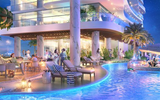 Una animada imagen de personas disfrutando de una lujosa velada junto a la piscina en una moderna villa de Dubai con luces resplandecientes, exuberante vegetación y un cielo estrellado.
