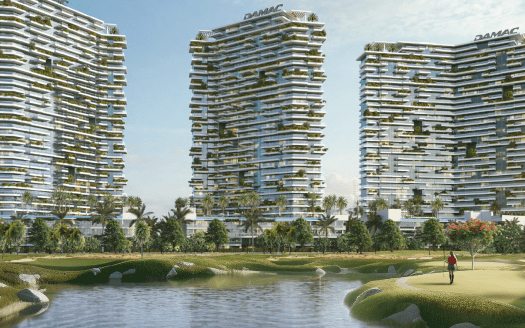 Representación arquitectónica de rascacielos futuristas con balcones desplazados rodeados de exuberante vegetación y un campo de golf en Dubai, con un jugador en primer plano.