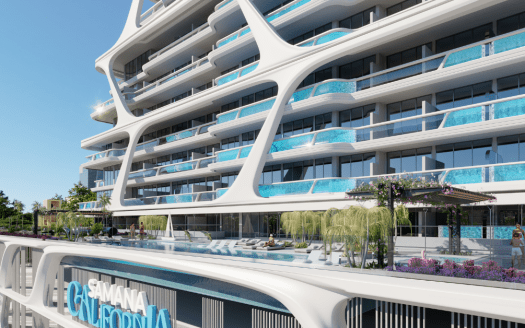 Representación de un moderno y lujoso edificio de apartamentos con grandes balcones blancos y terrazas con piscina privada, rodeado de un cielo azul claro y una exuberante vegetación, ideal para quienes deseen invertir en Dubai.