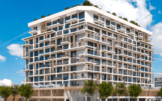 Moderna villa residencial de varias plantas en Dubai con balcones y exuberantes jardines en el tejado bajo un cielo azul despejado. La fachada es blanca con paneles de madera en la base.