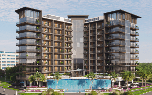 Moderno edificio residencial de varias plantas con grandes balcones acristalados, rodeado de exuberante vegetación y una zona de piscina enfrente, con un cielo azul despejado por encima, epítome de la vida en pisos de lujo al estilo de Dubai.