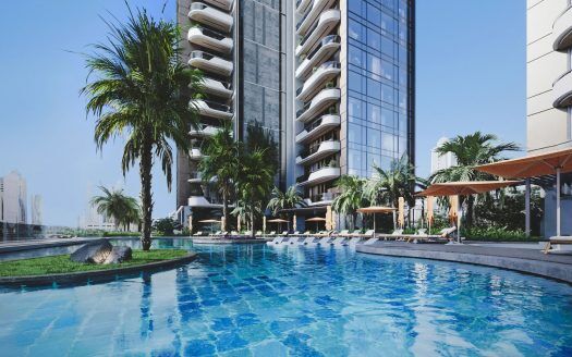 Una lujosa zona junto a la piscina de aguas cristalinas, rodeada de palmeras y modernos rascacielos en Dubai bajo un cielo azul despejado.