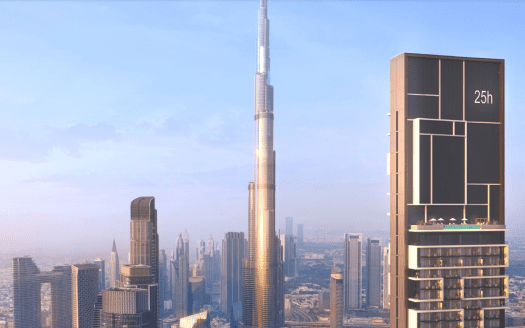 Vista aérea de un moderno horizonte urbano al amanecer, con el alto y esbelto Burj Khalifa y varios rascacielos más bajo un cielo suave y dorado, que pone de relieve la oferta inmobiliaria de primer orden de Dubai.