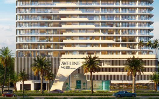 Render de un moderno edificio de varias plantas llamado Aveline, con pisos residenciales sobre un espacio comercial en la planta baja, rodeado de palmeras bajo un cielo despejado en Dubai.
