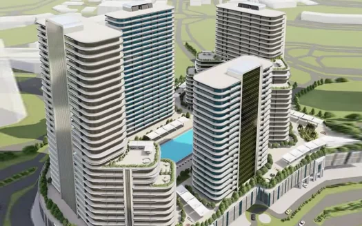 Render arquitectónico de un moderno complejo residencial en Dubai compuesto por torres curvas con balcones, rodeadas de zonas verdes y una piscina central.