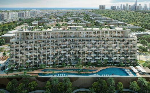 Vista aérea de un gran complejo de modernas villas en Dubai con grandes balcones, rodeadas de zonas verdes y una piscina, con el perfil de la ciudad al fondo.