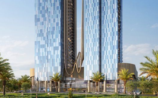 Un moderno rascacielos con una fachada de cristal azul reflectante y un diseño curvo único, situado en Dubai, rodeado de exuberante vegetación y palmeras bajo un cielo despejado.
