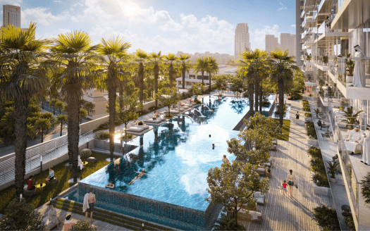 Lujosa piscina en la azotea rodeada de palmeras con gente nadando y tomando el sol, junto a un moderno rascacielos en Dubai.
