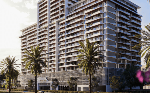 Modernos edificios residenciales de gran altura en Dubai con palmeras y cielos despejados, que presentan una mezcla de elementos de diseño urbano y tropical con mucho sol.