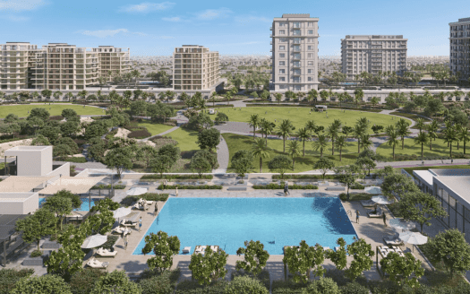 Complejo residencial de lujo en Dubai con una gran piscina rodeada de tumbonas y sombrillas, exuberantes jardines y varios edificios de apartamentos de mediana altura al fondo. Más allá de la piscina puede verse un cuidado parque con senderos y palmeras. Perfecto para quienes buscan opciones inmobiliarias de gama alta en Dubai.