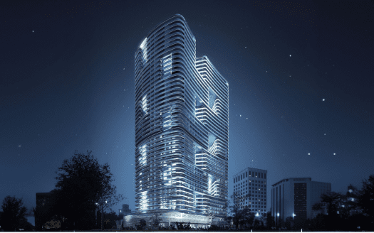 Un rascacielos futurista de Dubai iluminado de noche con un diseño de fachadas curvas superpuestas a un cielo estrellado, rodeado de otras estructuras urbanas.