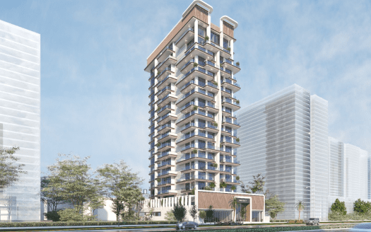 Un moderno edificio residencial de gran altura, Primero Residences Al Furjan, con numerosos balcones, se alza sobre un cielo parcialmente nublado. La zona circundante incluye otros rascacielos, árboles y un vehículo que pasa por la carretera frente a la estructura.