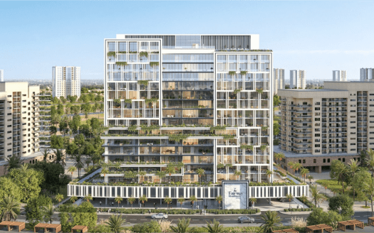 Fairway Residences Prescott es un moderno edificio de apartamentos de varias plantas con zonas verdes en diferentes plantas. Lo rodean otros edificios similares y al fondo se ven altos rascacielos. Palmeras y jardines embellecen el espacio frente al edificio.