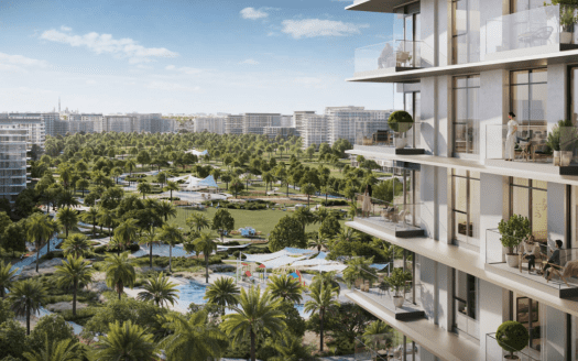 Un moderno edificio de apartamentos de gran altura con balcones de cristal, parte de los apartamentos de lujo de Address Residences, con vista a un exuberante parque verde con palmeras, senderos y áreas de ocio. La gente se relaja en los balcones, disfrutando del clima soleado y de las vistas panorámicas. Los edificios cuidadosamente dispuestos ocupan el fondo.
