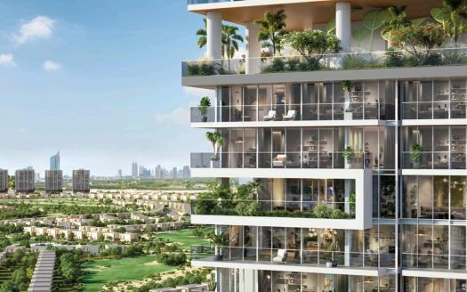 Se trata de un moderno rascacielos de varias plantas. Cada planta del Legado tiene grandes balcones adornados con exuberante vegetación. Al fondo se ven el paisaje urbano y otros rascacielos, un gran parque y una zona residencial.