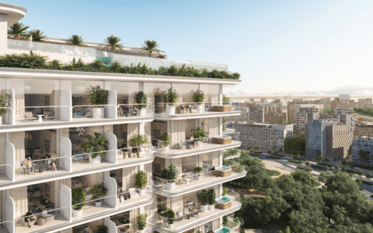 Con vistas al paisaje urbano, este moderno edificio de apartamentos, llamado Edition 3, tiene exuberantes balcones llenos de plantas. El tejado está adornado con palmeras y vegetación. Al fondo, los espacios verdes parecidos a arroyos se mezclan armoniosamente con los edificios urbanos bajo un cielo azul despejado.