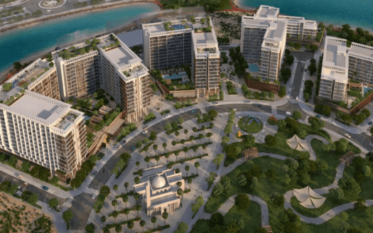 Desde arriba, las elegantes torres de Parkfive rodean una plaza circular ajardinada. El paisaje se caracteriza por una vegetación exuberante, caminos serpenteantes y una estructura abovedada en el centro, con una serena masa de agua que se extiende hasta el horizonte.