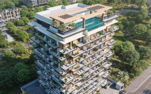 Vista aérea de Arlington Park 2, un moderno edificio residencial de varios pisos con amplios balcones, piscina en la azotea, exuberante vegetación y rodeado de árboles, carreteras y edificios vecinos.