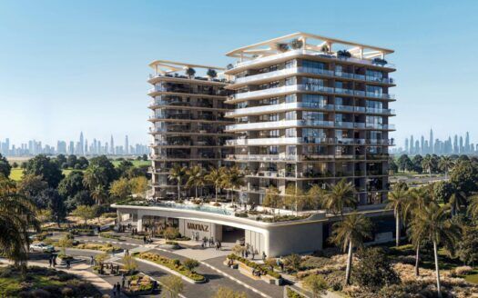 La residencia Inara es un moderno edificio residencial de varios pisos con amplios balcones, rodeado de palmeras y jardines paisajísticos. En la parte delantera hay una piscina resplandeciente, con el horizonte de la ciudad visible bajo un cielo azul claro.