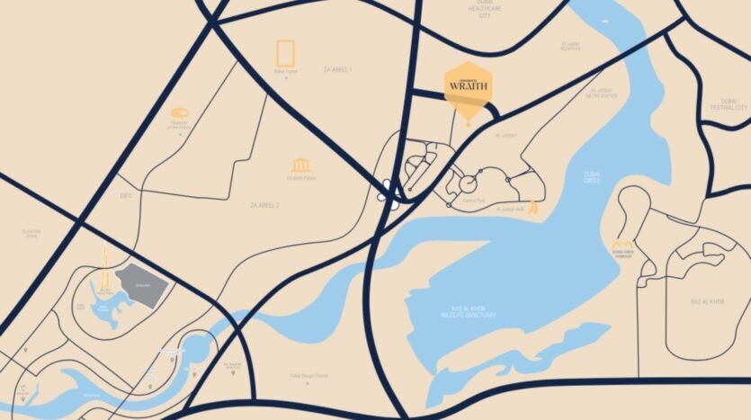 Carte stylisée représentant les routes, les cours d'eau et les points de repère d'une ville. Le logo « Binghatti Wraith » est mis en évidence près du centre, entouré de cours d'eau bleus sinueux et de rues beiges. Les principaux sites et parcs sont signalés par des icônes simples.