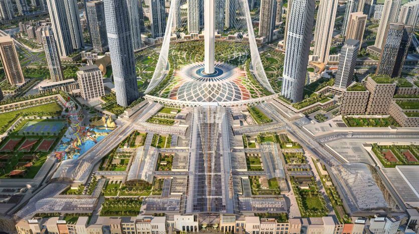 Vue aérienne d'une ville futuriste avec des gratte-ciel, un parc circulaire central, des routes interconnectées et des espaces verts entourés de structures résidentielles et commerciales, dont des appartements de premier ordre à Dubaï.