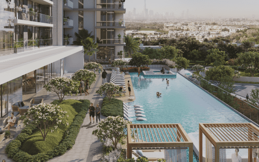 Ellington House, un complexe d'appartements luxueux et modernes situé à Dubai Hills, dispose d'une grande piscine entourée d'une végétation luxuriante. Les résidents se détendent sur des chaises longues et dans la piscine tout en admirant le magnifique panorama de la ville avec ses immeubles imposants sous un ciel dégagé.