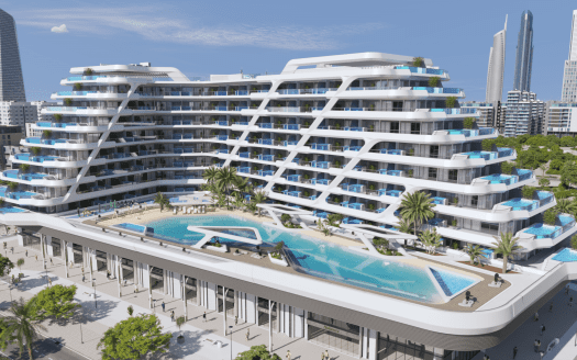 Un appartement moderne et luxueux dans une tour à Dubaï avec des piscines paysagées sur le toit, entourées de palmiers et flanquées de gratte-ciel sous un ciel dégagé.