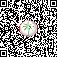 Un code QR avec le graphisme d'un palmier vert à l'intérieur d'un cercle rouge au centre, représentant une agence immobilière de Dubaï. Le code QR présente le motif de pixels standard en noir et blanc.
