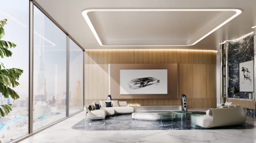 Salon de luxe moderne dans un appartement de Dubaï, avec de grandes fenêtres, des accents en bois, des meubles minimalistes et de l'art abstrait, présentant des éléments de design élégants et une vue sur le paysage urbain.