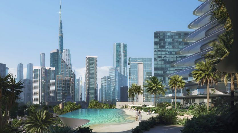 Paysage urbain futuriste avec des bâtiments curvilignes, une verdure luxuriante et une grande piscine centrale sous un ciel dégagé. Gratte-ciels modernes, dont une haute tour en forme d'aiguille typique de Dubaï