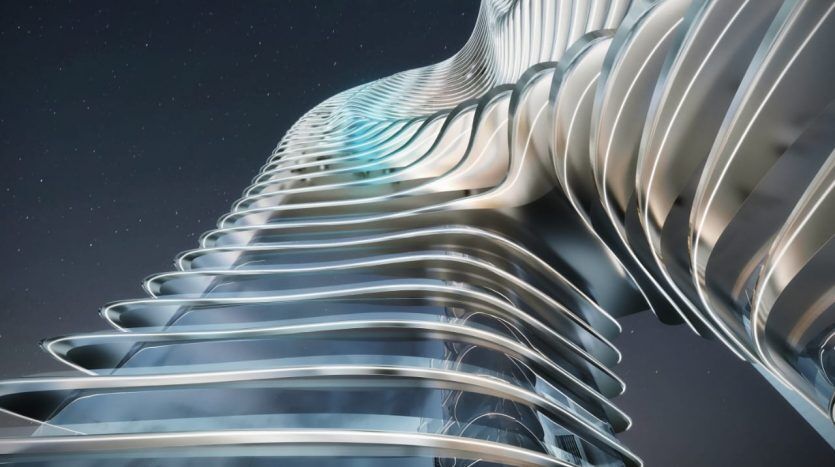 Un bâtiment futuriste illustré numériquement avec un extérieur en métal lisse et brillant composé de courbes superposées et ondulées sur un ciel nocturne étoilé à Dubaï.