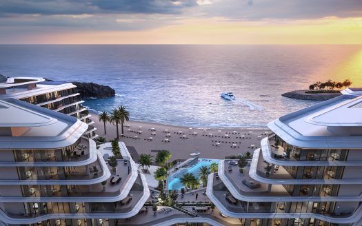 Une station balnéaire luxueuse au coucher du soleil, avec des bâtiments modernes à plusieurs étages, des palmiers, des piscines et une plage de sable adjacente à une mer calme avec un yacht. Idéal pour ceux qui cherchent à investir à Dubaï