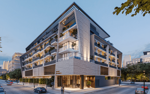 Bâtiment résidentiel et commercial moderne de plusieurs étages à Dubaï, illuminé au crépuscule, doté d'une combinaison de balcons en verre, de boiseries et d'avant-toits en surplomb proéminents, situé dans une rue bordée d'arbres.