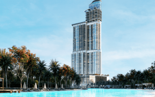 L'Amaal 8 se présente comme un gratte-ciel moderne et haut, avec de grandes baies vitrées scintillantes sur un ciel bleu vif. En contrebas, une grande piscine entourée de palmiers et de chaises longues crée une atmosphère de complexe hôtelier.