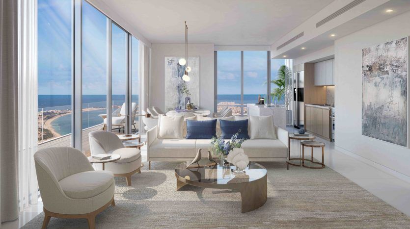Un salon moderne en forme d'îlot de plage avec des baies vitrées offrant une vue sur la mer. La chambre présente un mobilier élégant aux tons neutres et une décoration subtile.