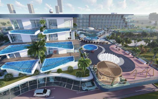 Un resort di lusso su più livelli con piscine blu a cascata e moderni edifici bianchi circondati da una vegetazione lussureggiante sul Samanag Golf Avenue, con un'auto parcheggiata in primo piano.