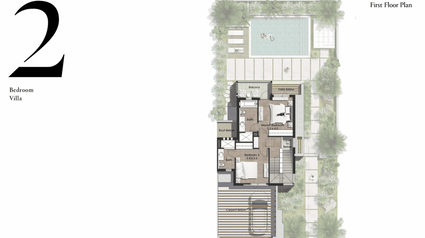 Plan architectural du premier étage d'une villa de 2 chambres, comprenant la disposition détaillée des pièces, l'emplacement des meubles et l'aménagement paysager environnant, y compris une piscine conçue al jure.