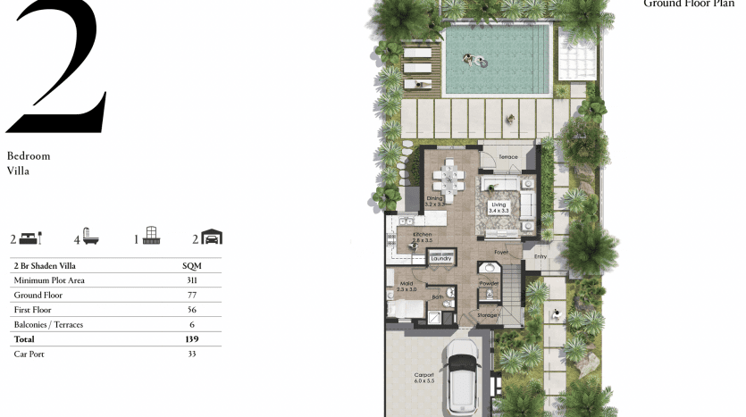 Vue architecturale de haut en bas du plan du rez-de-chaussée d'une villa de deux chambres, avec une disposition détaillée des pièces, une cour centrale et une verdure environnante al jure.