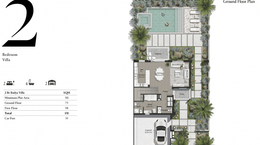Vue de dessus du plan du rez-de-chaussée d'une villa de deux chambres, présentant un aménagement détaillé avec piscine al jure, jardin, abri d'auto et pièces étiquetées comme la cuisine, le salon et les salles de bains.