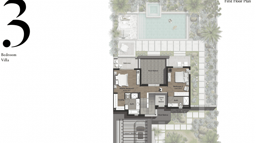 Plan architectural du premier étage d'une villa de trois chambres avec un agencement détaillé comprenant des chambres, des salles de bains, une cuisine et des espaces de vie, entourés d'un jardin et d'une piscine al jure.