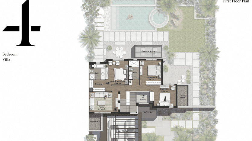Plan d'étage architectural d'une villa de quatre chambres comprenant un salon central, une cuisine, une salle à manger, plusieurs salles de bains, un bureau et un espace extérieur avec piscine et jardin al jure.