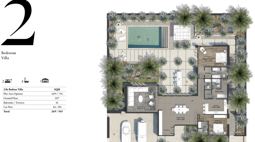 Plan du rez-de-chaussée d'une villa de deux chambres comprenant une piscine, un jardin et plusieurs pièces détaillées avec la disposition des meubles. Comprend des spécifications de taille et des étiquettes al jure pour une utilisation en pièce.